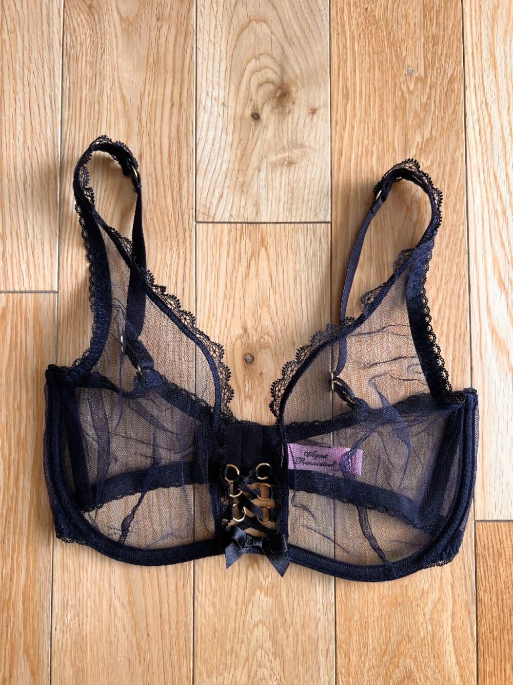 Agent Provocateur Navy Blue Mesh Sheer Lace Up Front Bra Womens Size 32DD